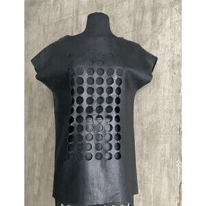 Avant Garde Minimalist Black Leather Shirt w/ Large Laser Cut Punch Holes-S/M